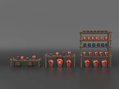 Household Storage Jars And Containers On Wooden Shelves With Red Labels White Patterns 3d model