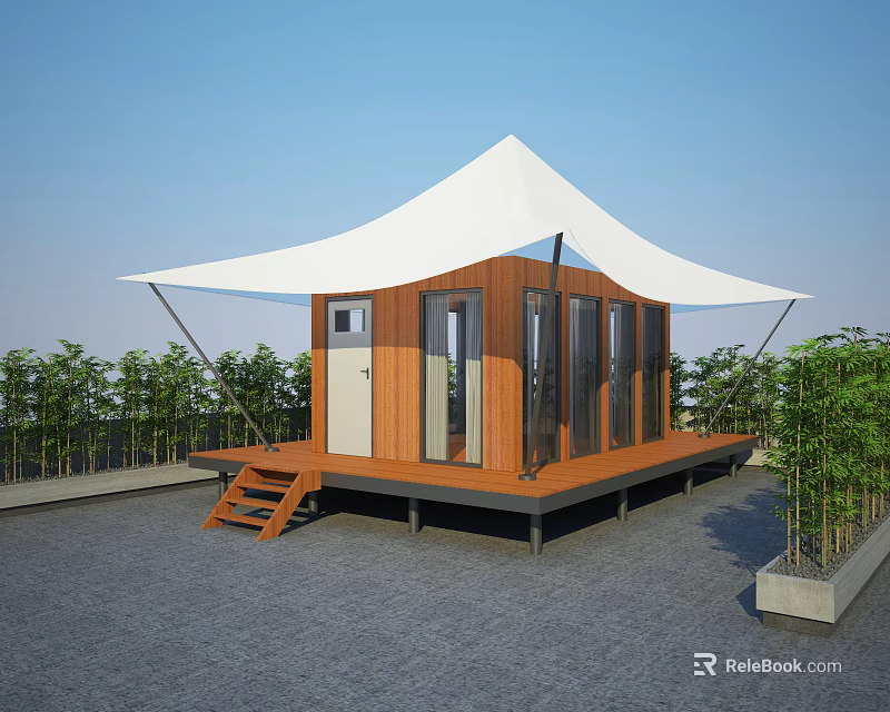 Modern Small Wooden House With White Canopy And Wooden Platform Surrounded By Green Plants 3d model 