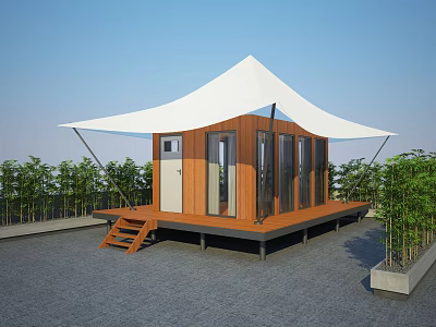 Modern Small Wooden House With White Canopy And Wooden Platform Surrounded By Green Plants 3d model