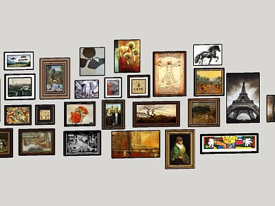 Diverse Photo Frames Collage On Wall With Various Artworks And Styles 3d model