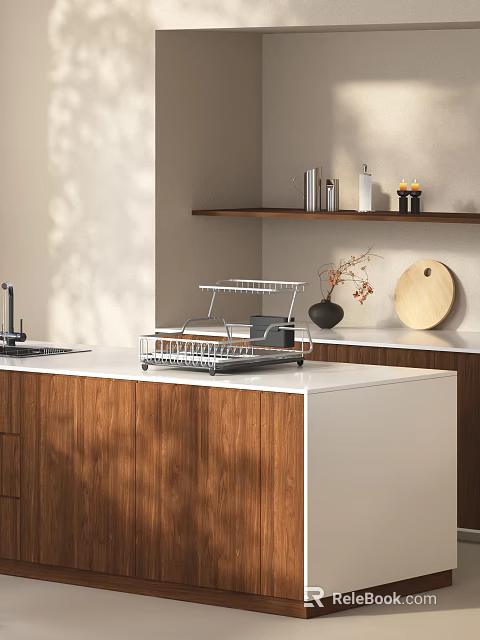 Modern Kitchen Interior With Dishware Set And Metal Dish Rack On Countertop 3d model 