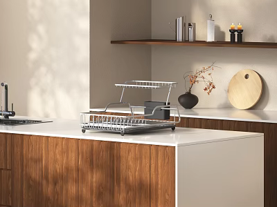 Modern Kitchen Interior With Dishware Set And Metal Dish Rack On Countertop 3d model
