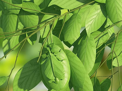 Vibrant Green Leaves In Sunlight With Praying Mantis On Leaf Surface 3d model