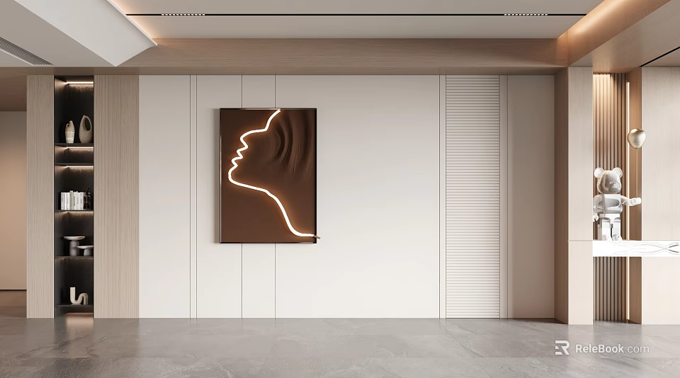 Modern Background Wall with Wooden Panels and Artwork Featuring Neon Outline 3d model 