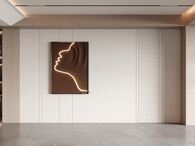 Modern Background Wall with Wooden Panels and Artwork Featuring Neon Outline 3d model