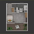 Cartoon Scene of Cozy Small Apartment Open Layout with Bedroom Kitchen Dining and Balcony Plants