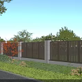 Brown Slatted Building Exterior Wall With White Pillars Green Trees And Lawn Along Road