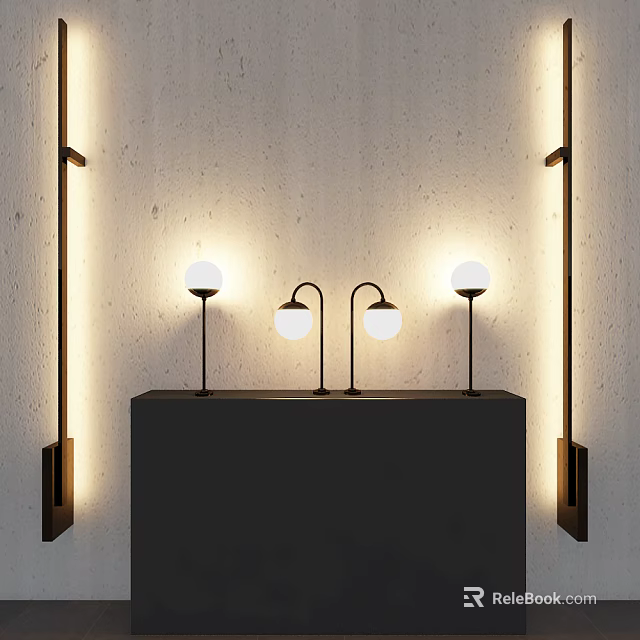Modern Table Lamps With Curved Metal Stems And White Spherical Shades On Black Console Table 3d model 