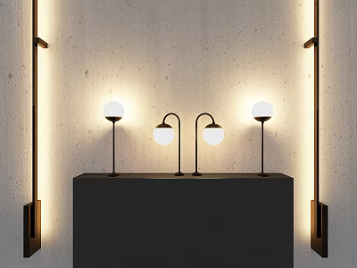 Modern Table Lamps With Curved Metal Stems And White Spherical Shades On Black Console Table 3d model