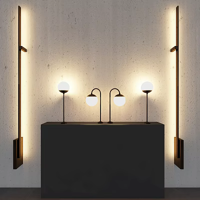 Modern Table Lamps With Curved Metal Stems And White Spherical Shades On Black Console Table 3d model