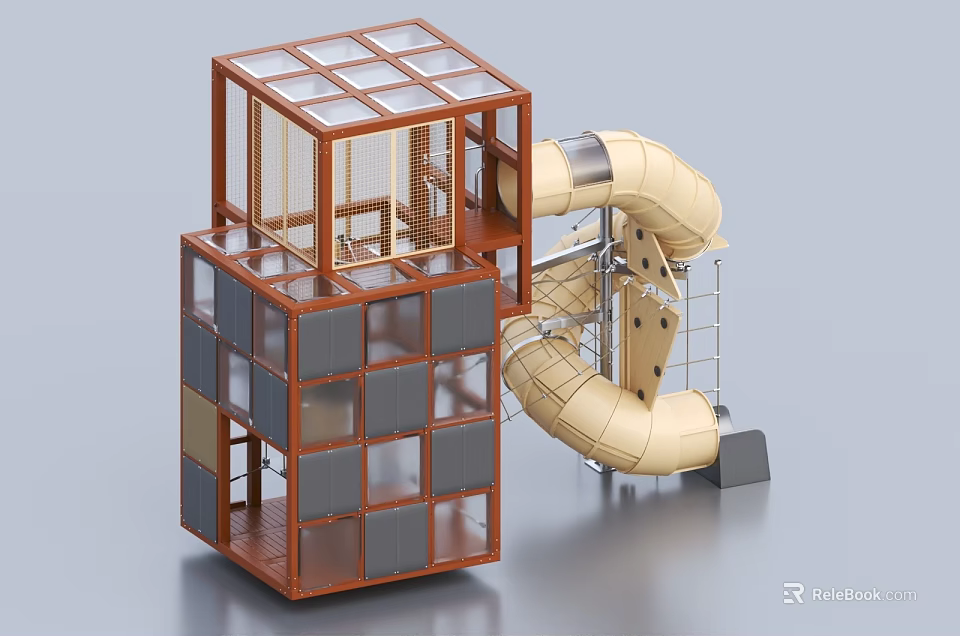 Multi Level Playground Equipment With Transparent Windows Spiral Slide And Climbing Net 3d model