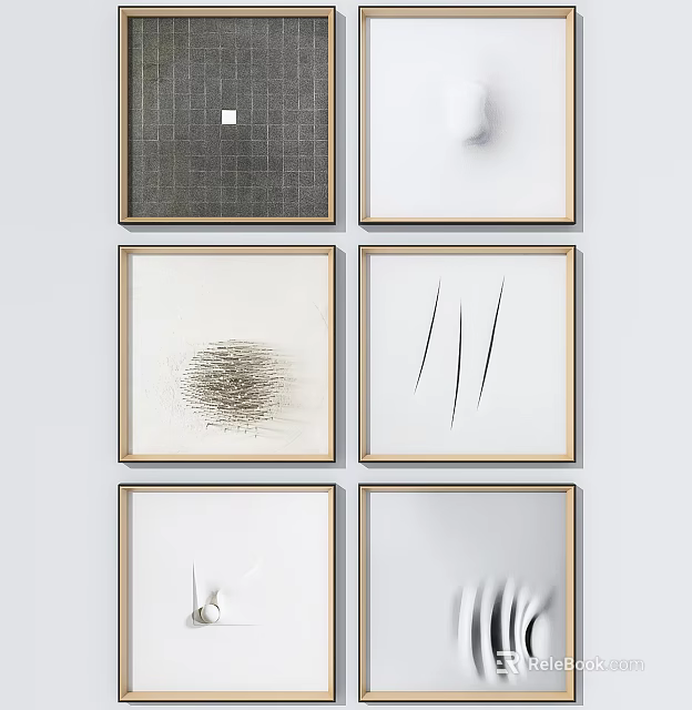 Abstract Framed Artworks With Geometric Patterns Line Textures On White Wall Gold Frames 3d model
