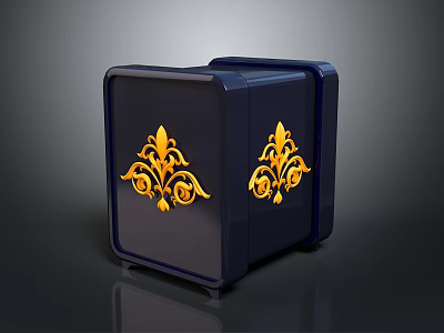 Dark Blue Decorative Box With Ornate Gold Scroll Patterns Design 3d model