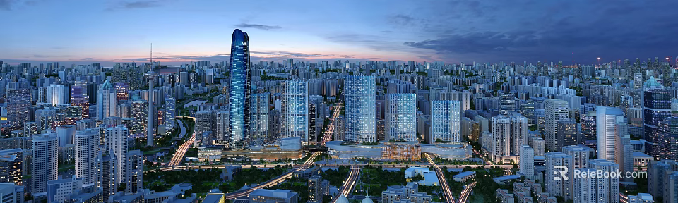 Modern City Skyline With Tall Skyscrapers And Illuminated Roads At Dusk 3d model 