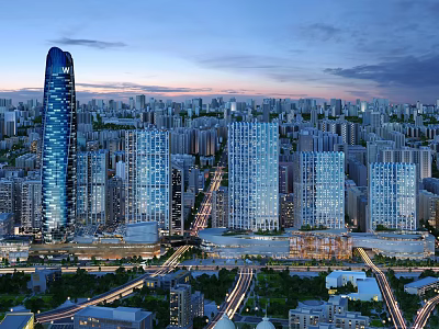 Modern City Skyline With Tall Skyscrapers And Illuminated Roads At Dusk 3d model