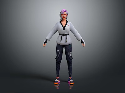Game Movie Character With Purple Hair Wearing Gray Coat Black Belt Dark Pants Colorful Shoes 3d model