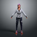 Game Movie Character With Purple Hair Wearing Gray Coat Black Belt Dark Pants Colorful Shoes