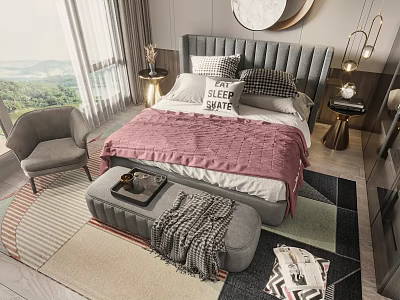 Modern Double Bed With Gray Headboard Pink Throw Blanket Pillows And Window View In Bedroom 3d model
