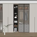 Modern Minimalist Wardrobe With Glass Doors Hanging Areas Drawers And Decorative Items