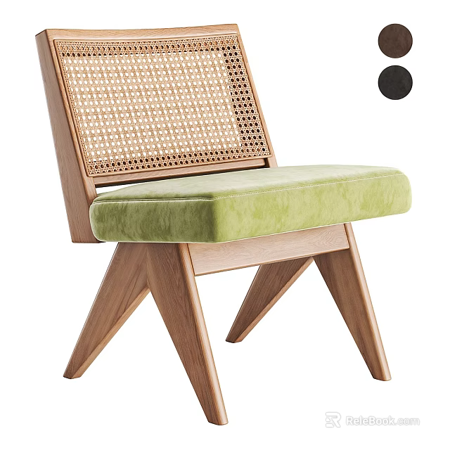 Modern Wooden Dining Chair With Rattan Backrest And Green Padded Seat 3d model 