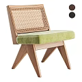Modern Wooden Dining Chair With Rattan Backrest And Green Padded Seat