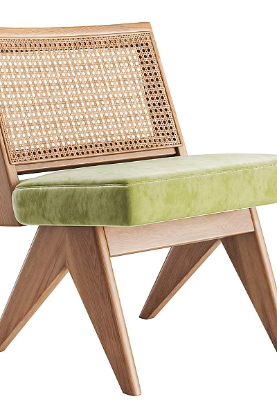 Modern Wooden Dining Chair With Rattan Backrest And Green Padded Seat 3d model