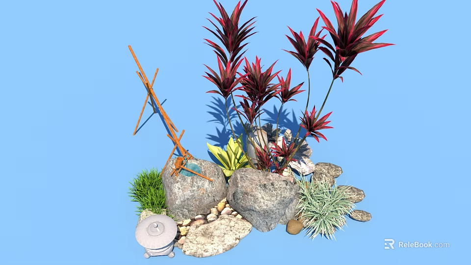Garden Decor With Red Green Plants Stones Pebbles Wooden Stand And White Lantern 3d model 
