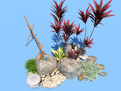Garden Decor With Red Green Plants Stones Pebbles Wooden Stand And White Lantern 3d model