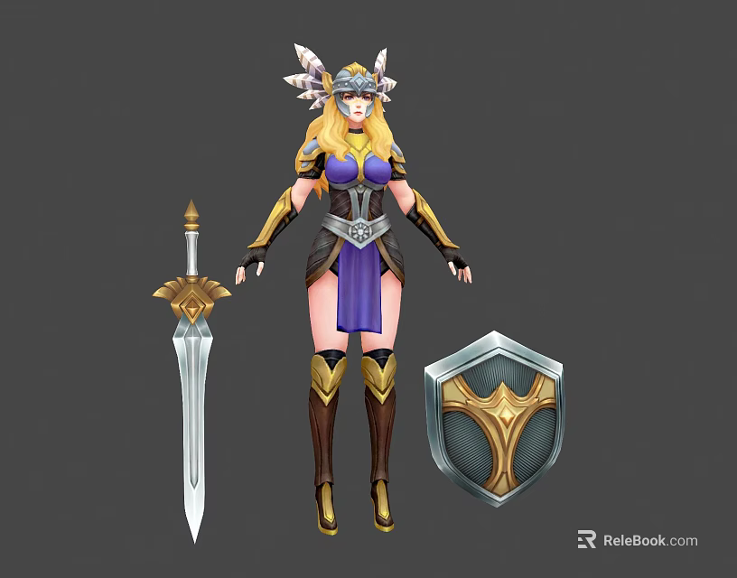 Female Warrior in Purple and Gold Outfit with Horned Golden Helmet Sword and Shield 3d model 