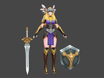 Female Warrior in Purple and Gold Outfit with Horned Golden Helmet Sword and Shield 3d model