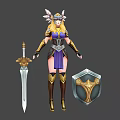 Female Warrior in Purple and Gold Outfit with Horned Golden Helmet Sword and Shield