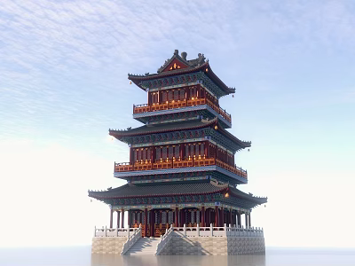 Ancient Chinese Pagoda Architecture With Multi Story Design And Traditional Overhanging Eaves 3d model