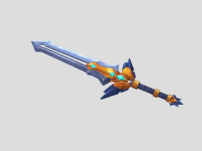 Fantasy Blue And Gold Decorative Sword With Ornate Hilt Glowing Gem And Long Blade 3d model