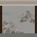 Chinese Modern Background Wall With Landscape Painting LED Strip Lighting And Wooden Panels