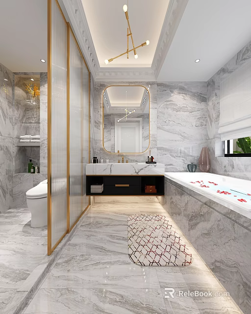 Modern Elegant Marble Bathroom With Golden Framed Mirror Floating Vanity And Large Soaking Bathtub 3d model 