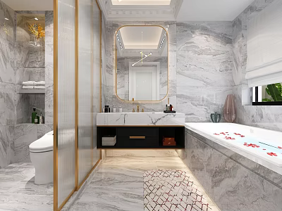 Modern Elegant Marble Bathroom With Golden Framed Mirror Floating Vanity And Large Soaking Bathtub 3d model