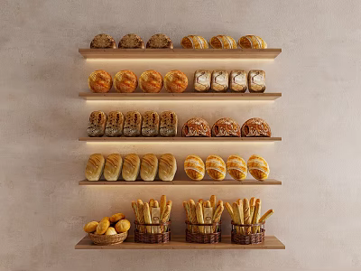 Assorted Fresh Bread Loaves Rolls And Baguettes On Wooden Wall Shelves 3d model