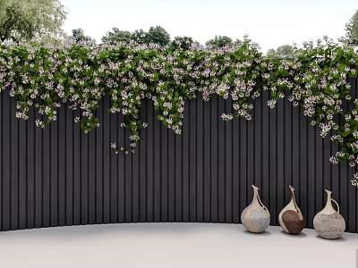 Bonsai Potted Plants With Green Vines White Flowers On Black Wooden Wall And Clay Vases 3d model
