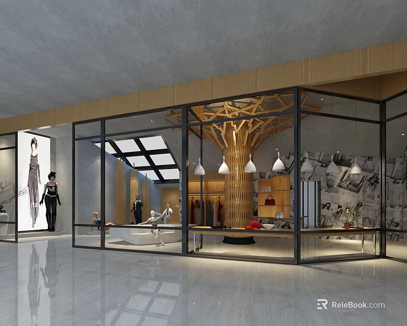 Modern Clothing Store Interior With Glass Walls Wooden Decor And Mannequin Displays 3d model 