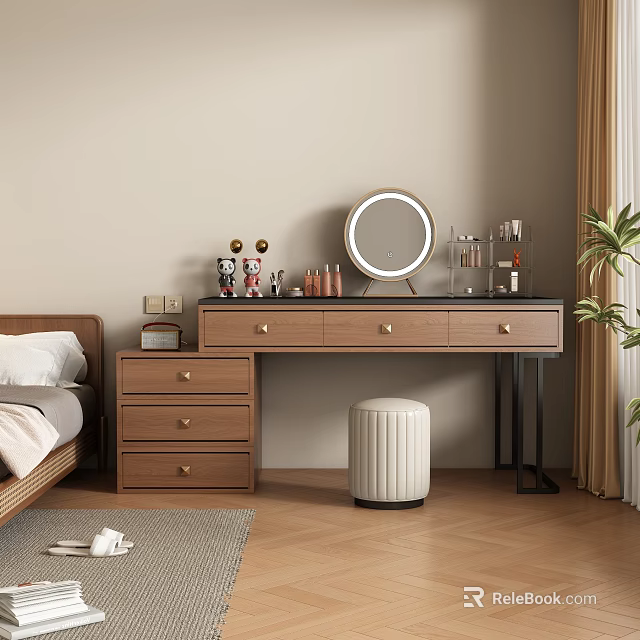 Wooden Dressing Table With Drawers Round Mirror Cosmetic Storage Stool And Plant In Bedroom 3d model 