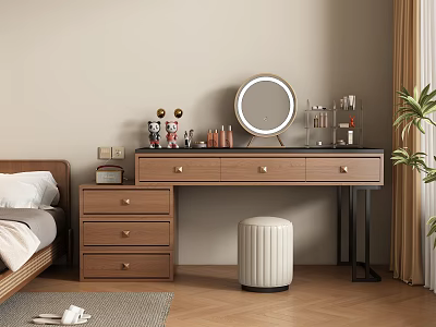 Wooden Dressing Table With Drawers Round Mirror Cosmetic Storage Stool And Plant In Bedroom 3d model
