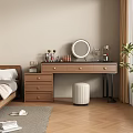 Wooden Dressing Table With Drawers Round Mirror Cosmetic Storage Stool And Plant In Bedroom