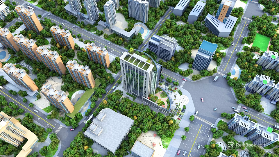 Aerial Urban Planning View With High Rise Buildings Green Spaces And Roads 3d model 