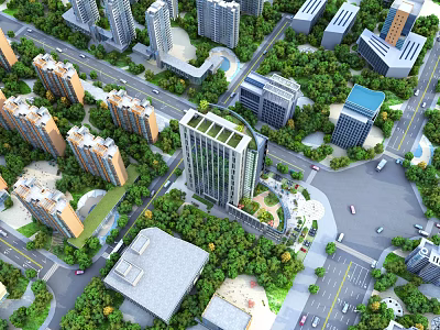 Aerial Urban Planning View With High Rise Buildings Green Spaces And Roads 3d model
