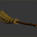 Household Broom With Wooden Handle Yellow Bristles And Golden Decoration