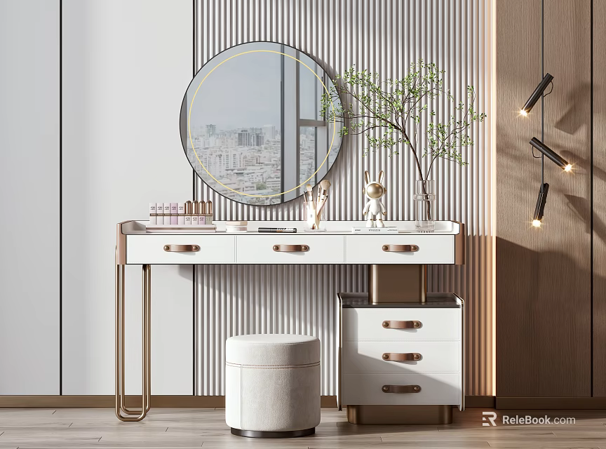 Modern Dressing Table With Round Mirror White Countertop Gold Legs And Stool 3d model