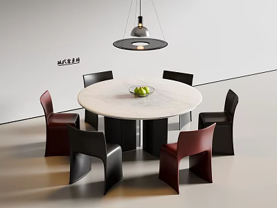 Modern Round Marble Table with Black and Red Chairs and Hanging Pendant Light 3d model