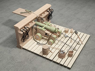 Ancient Cannon as Historical Weapon on Wooden Platform with Ropes Cannonballs and Wooden Barrels 3d model