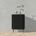 Modern Black Sideboard with Wood Grain Texture Metal Legs Green Vase Plant and Books
