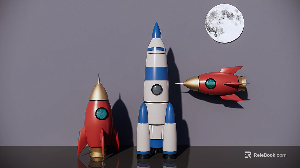 Colorful Rocket Shaped Decorative Ornament Set With Moon Accent And Red Blue White Designs 3d model 